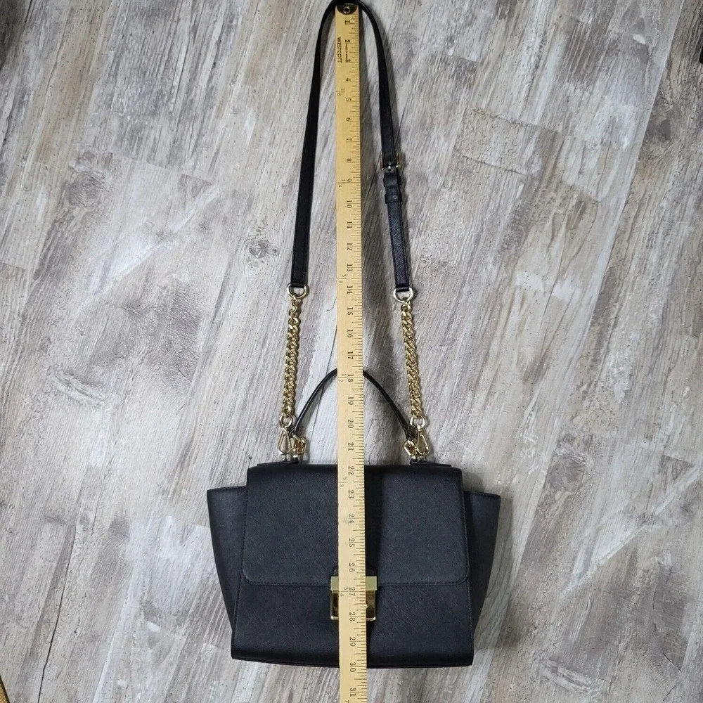 Michael Kors Brandi Medium Satchel Black Saffiano Leather Crossbody Gold Chain